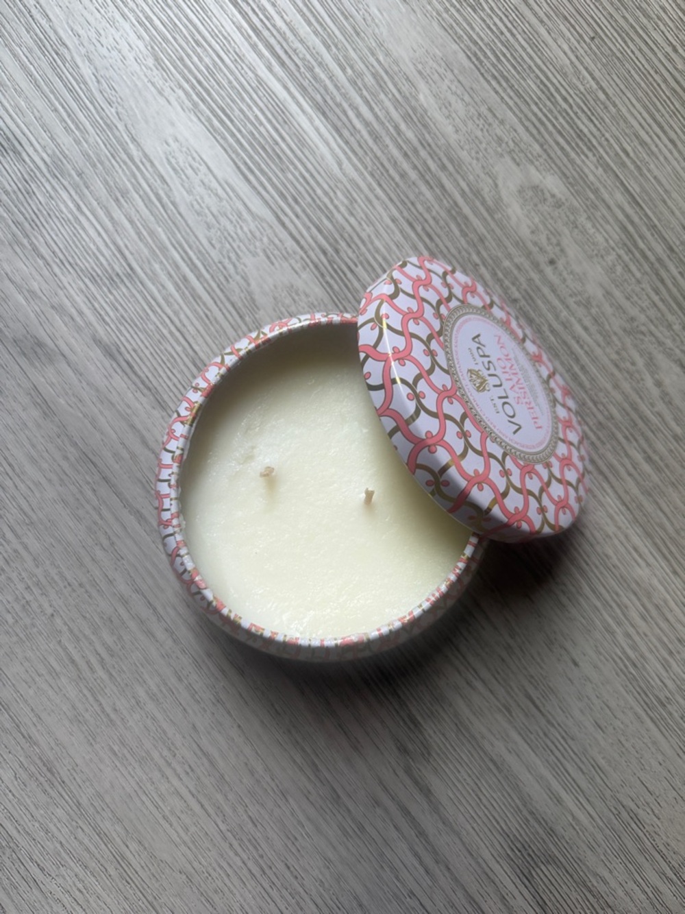 Voluspa Pink and Gold Patterned Tin 2-Wick Candle - Picture 2 of 5